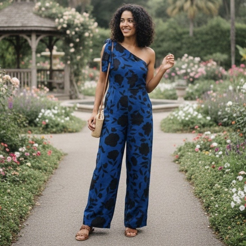 NWT Kate Spade NY x Floral Jumpsuit Navy‎ Black One Shoulder Size 00 Women